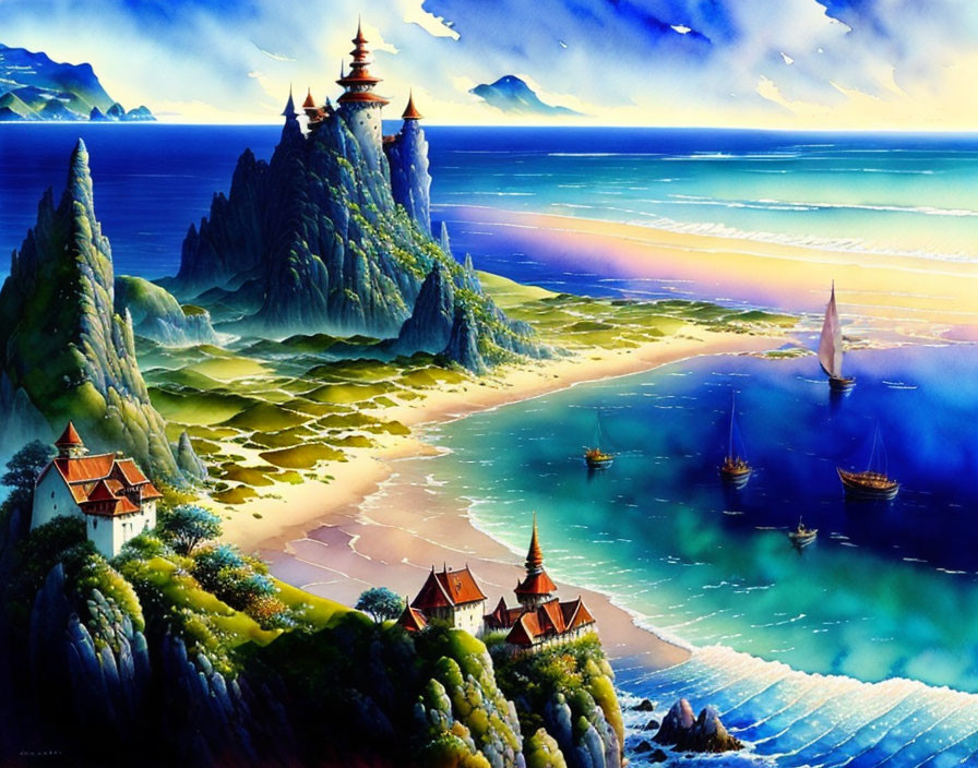 Scenic coastal painting with mountains, temple, houses, boats, and sunset sky