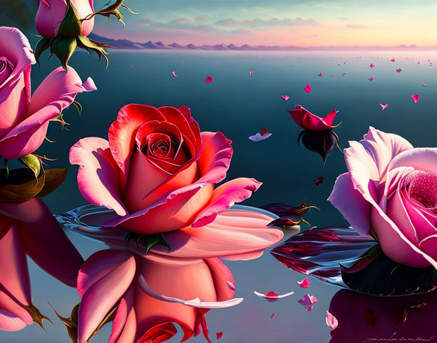 Detailed Rose Artwork with Petals Falling on Water Surface at Twilight