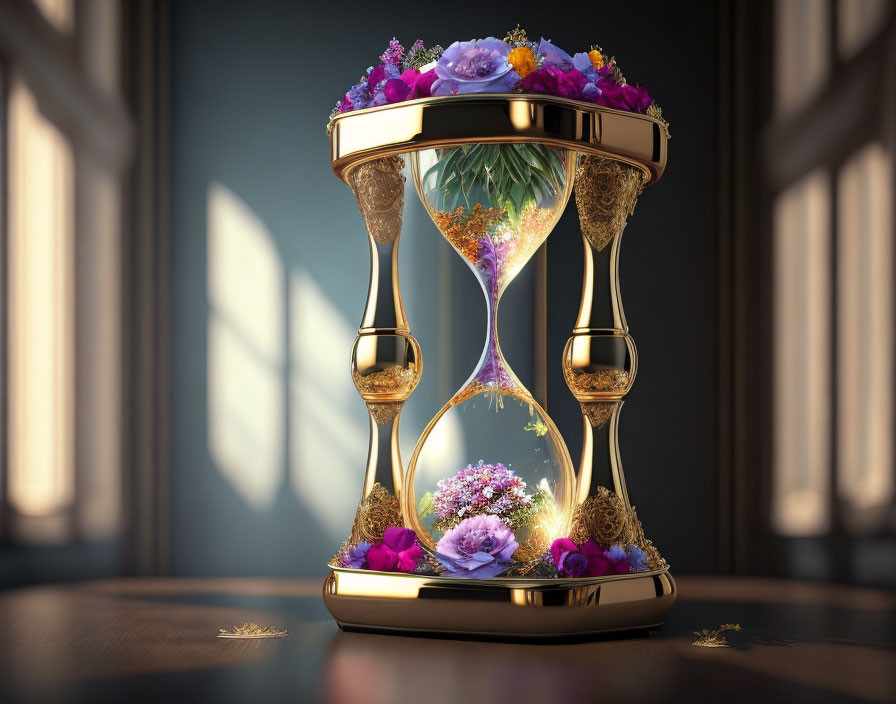 Colorful Flower-Filled Ornate Hourglass on Reflective Surface with Classical Pillars