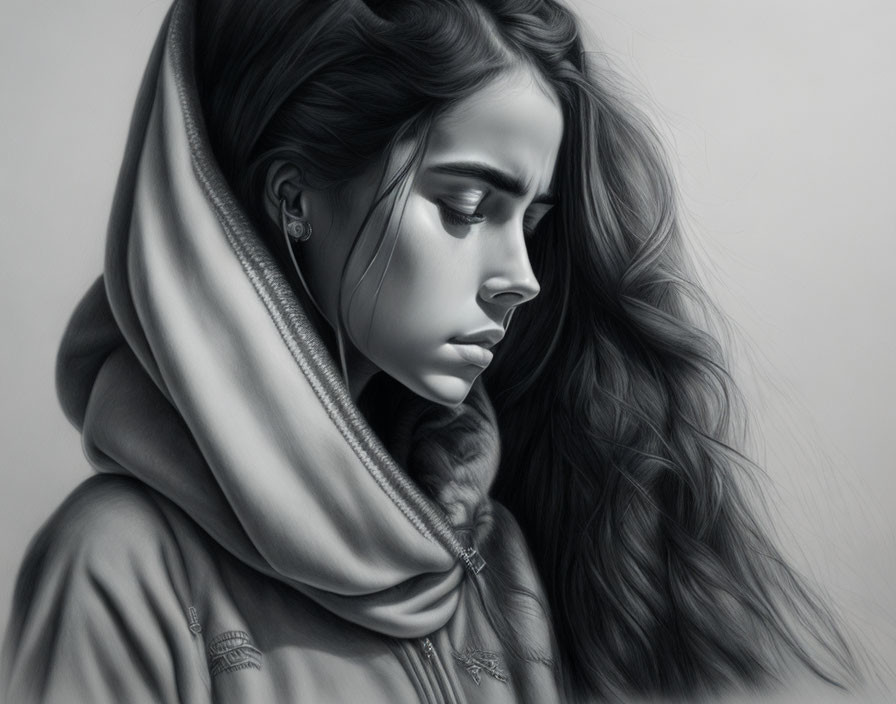 Monochrome artwork of hooded woman with contemplative expression