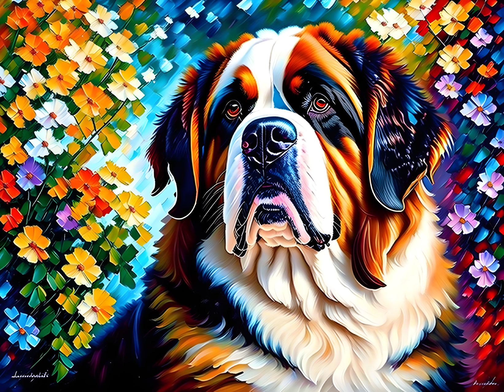 Colorful Saint Bernard Dog Painting on Floral Mosaic Background