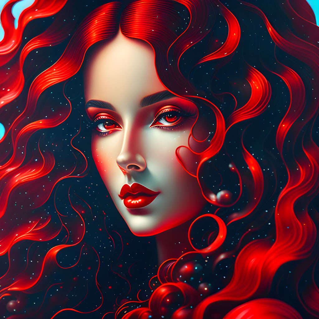 Voluminous red curly hair and red lipstick illustration with cosmic background