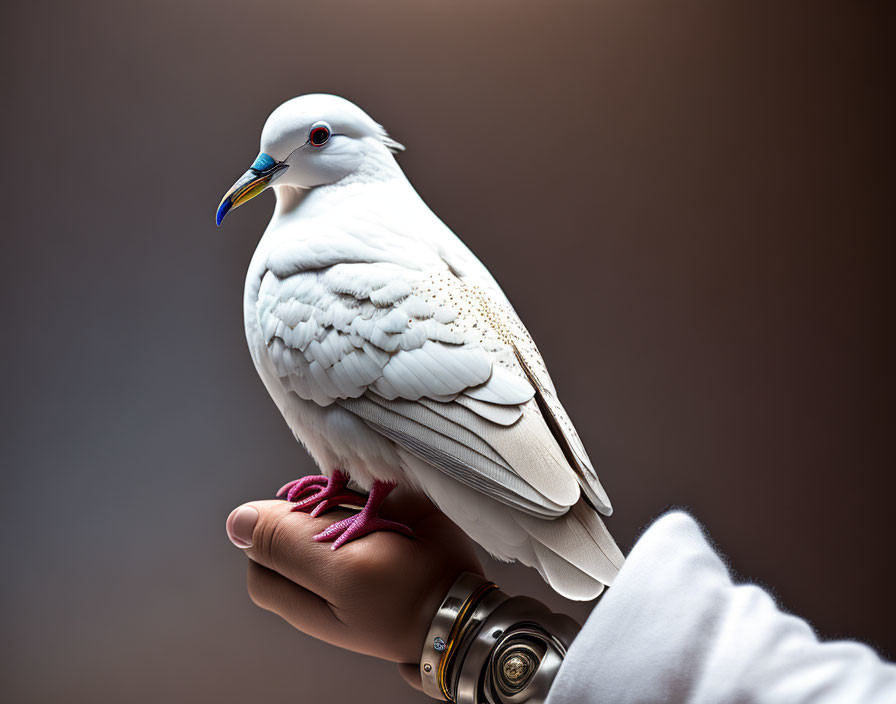 White Bird with Blue Beak Perched on Human Hand in Soft-Focus Background