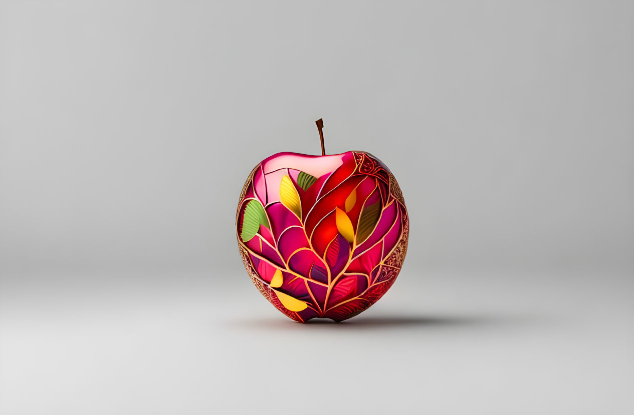 Colorful Floral Patterned Apple on Gray Background