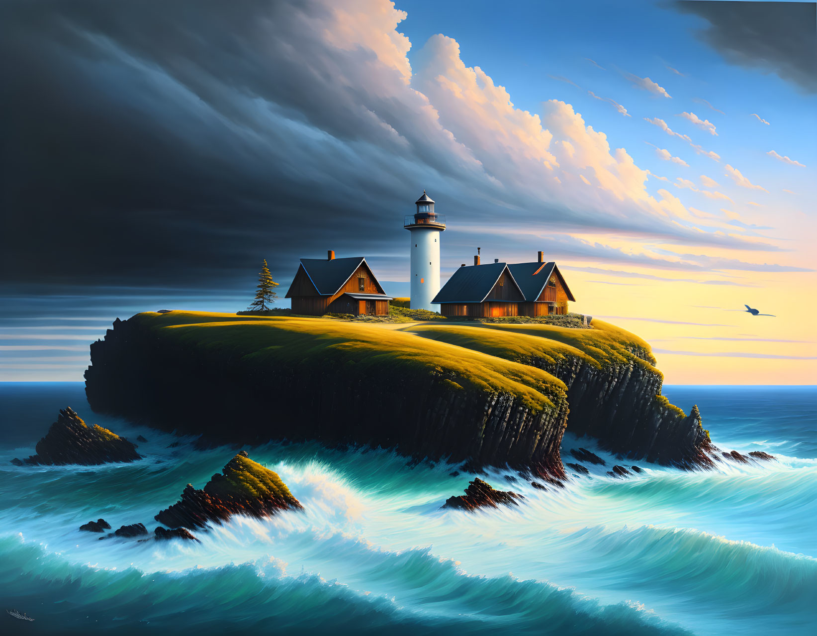 Lighthouse painting on cliff with houses under dramatic sky