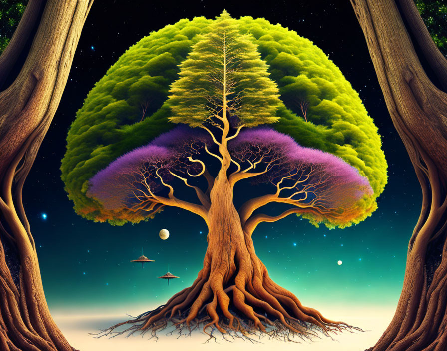 Colorful fantasy illustration: Majestic tree, planets, starry sky