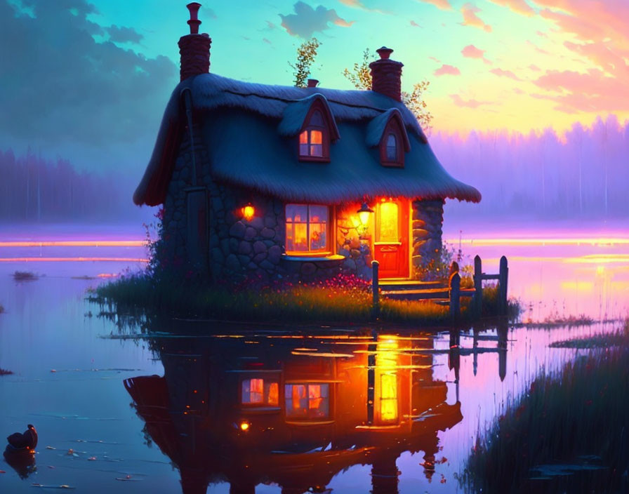 Quaint stone cottage by tranquil lake at twilight