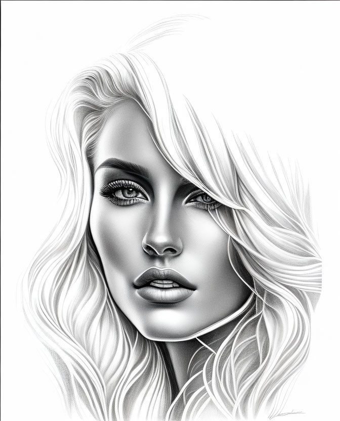 Detailed Black and White Digital Illustration of Woman with Flowing Hair