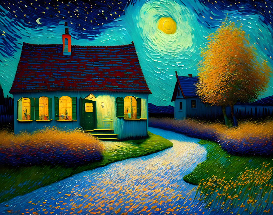 Starry night painting with crescent moon, glowing house, and yellow tree