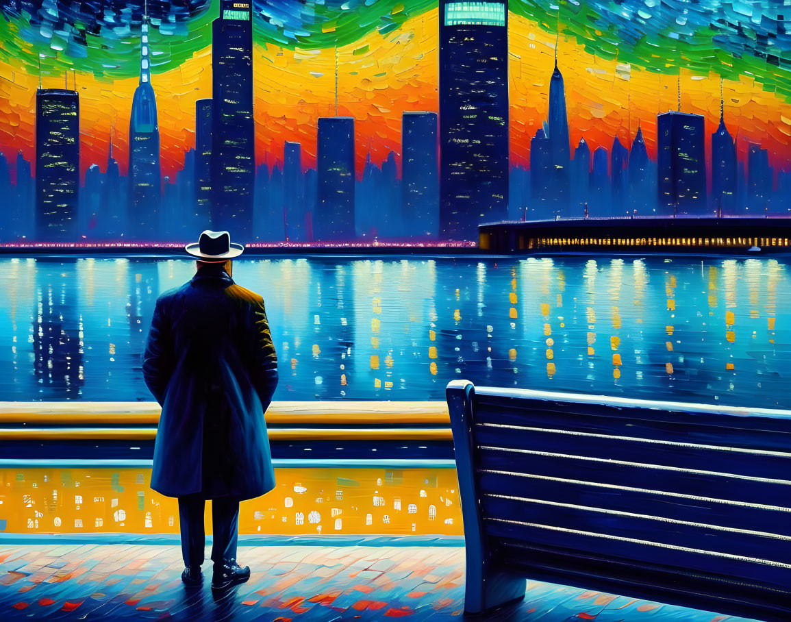Person in Hat and Coat by Colorful Cityscape Waterfront