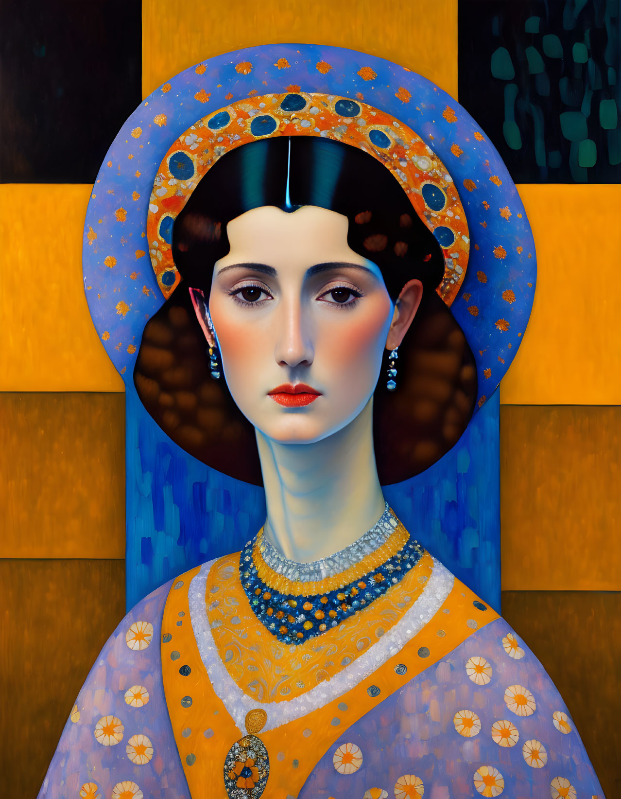 Solemn woman portrait in blue and orange attire on geometric backdrop