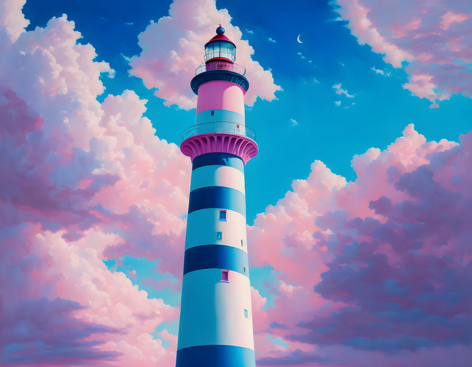 Striped lighthouse under pink and blue sky with crescent moon - serene scene