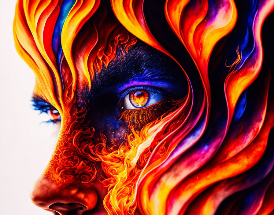 Colorful Face Artwork: Single Eye Amidst Fiery Waves