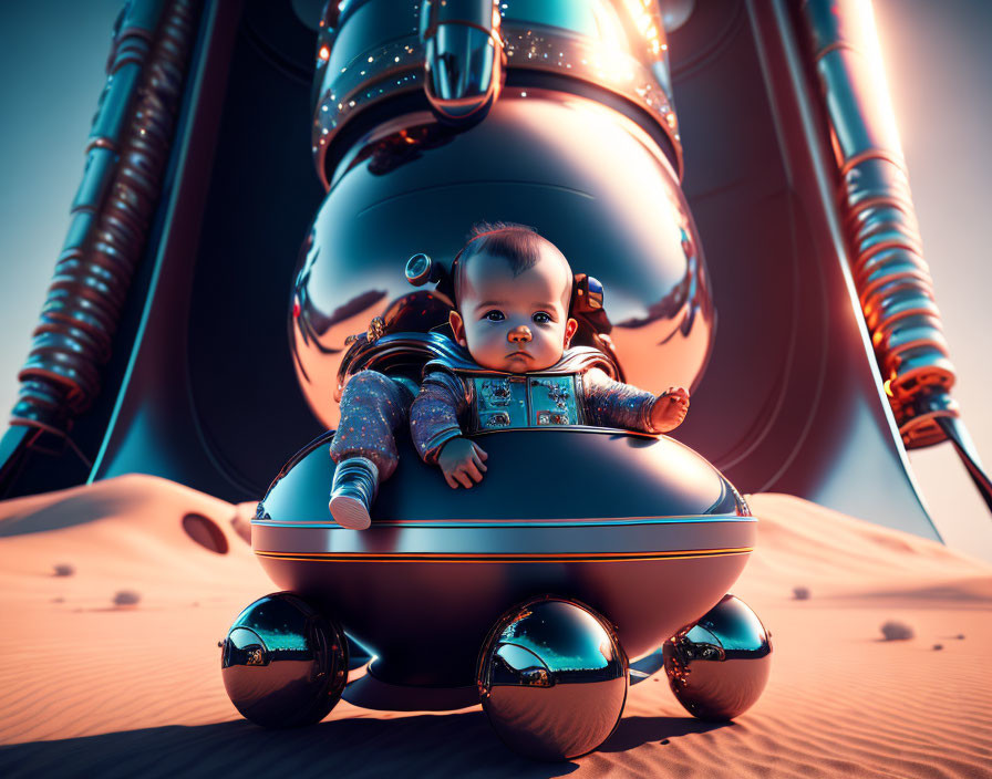 Baby in futuristic hover stroller with large robot on alien landscape