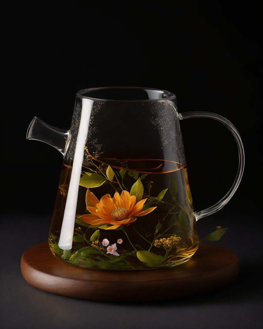 Glass teapot with floral tea on wooden stand against dark backdrop