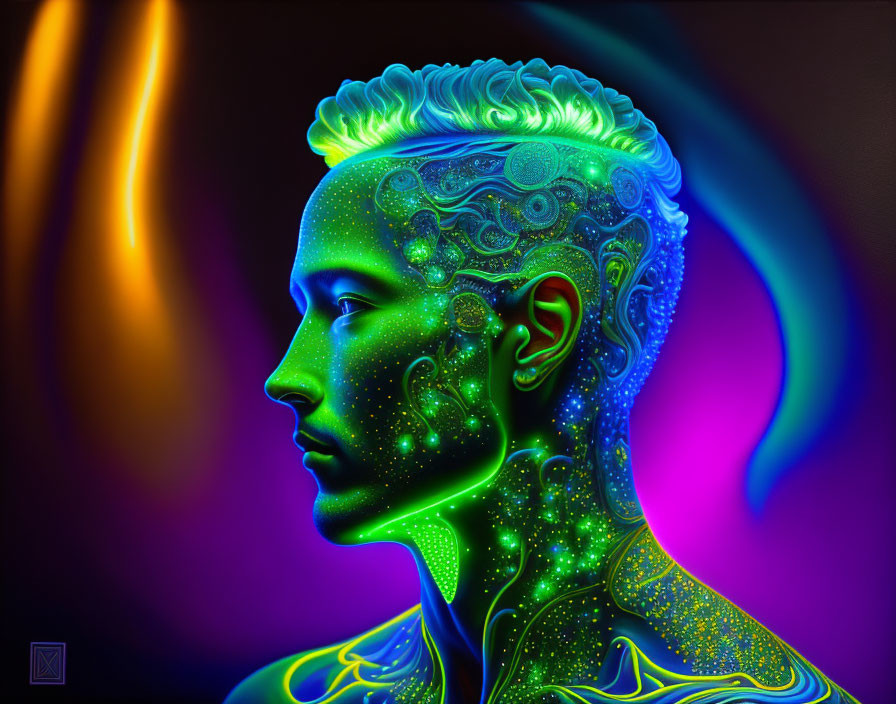 Vibrant neon body art with intricate mechanical and cosmic designs on dark background