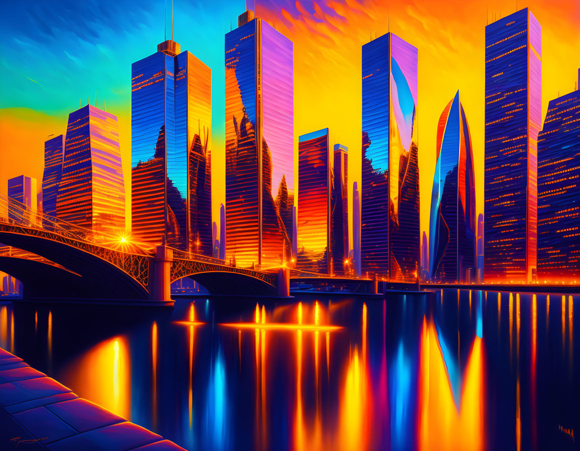 Digitally-rendered cityscape at sunset with reflective skyscrapers