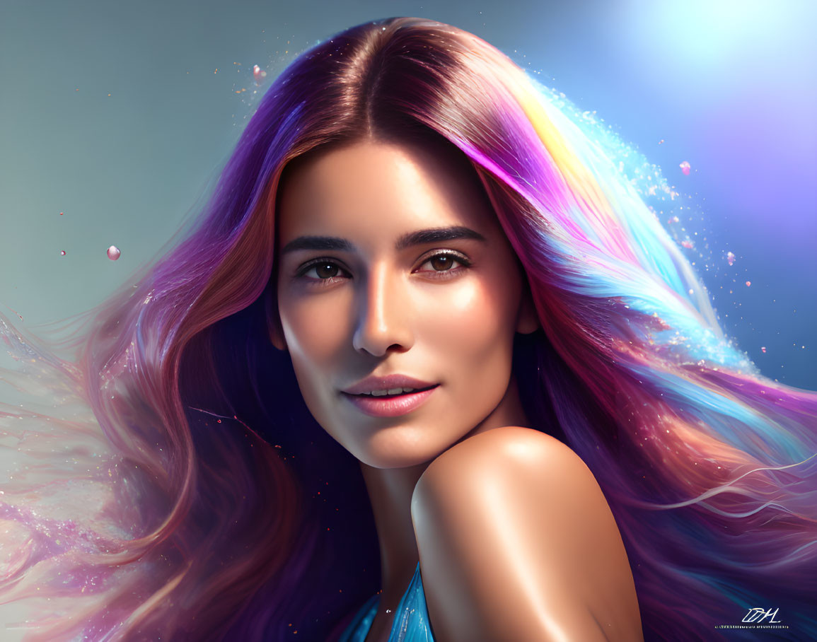 Colorful flowing hair digital portrait of serene woman