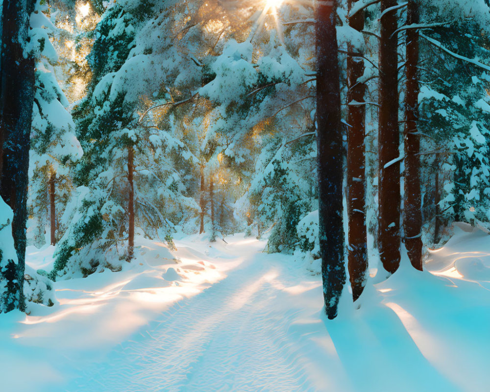 Snowy forest scene with golden sunlight and tall pine trees