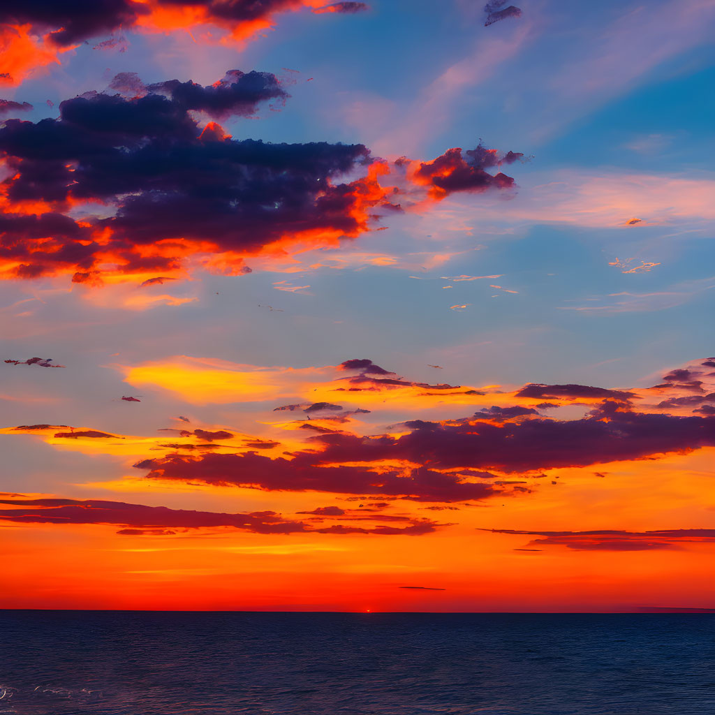 Fiery orange and red sunset over tranquil sea