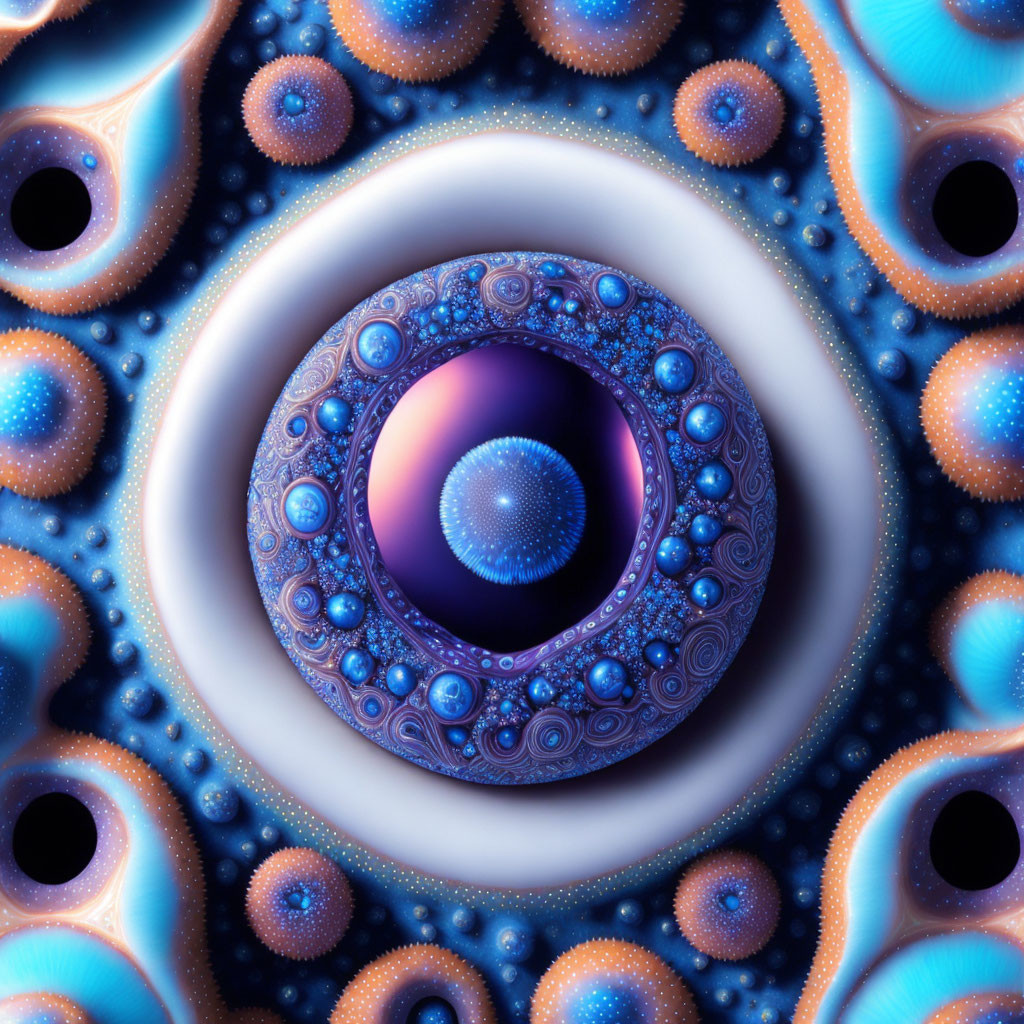 Circular Fractal Image with Eye-Like Center in Blue and Purple Hues