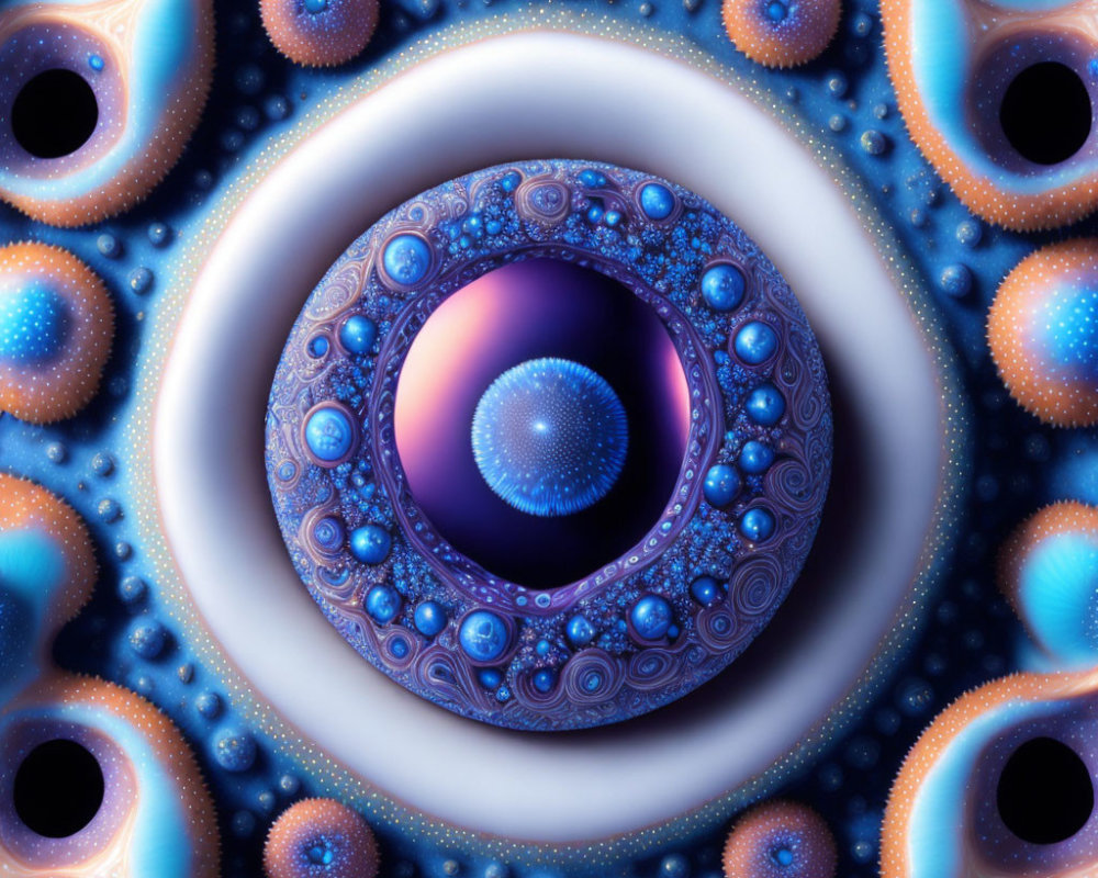 Circular Fractal Image with Eye-Like Center in Blue and Purple Hues