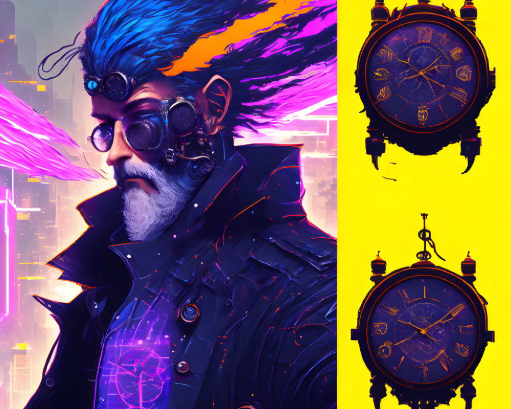 Colorful artwork of man with blue hair and steampunk goggles, surrounded by mystical pocket watches in