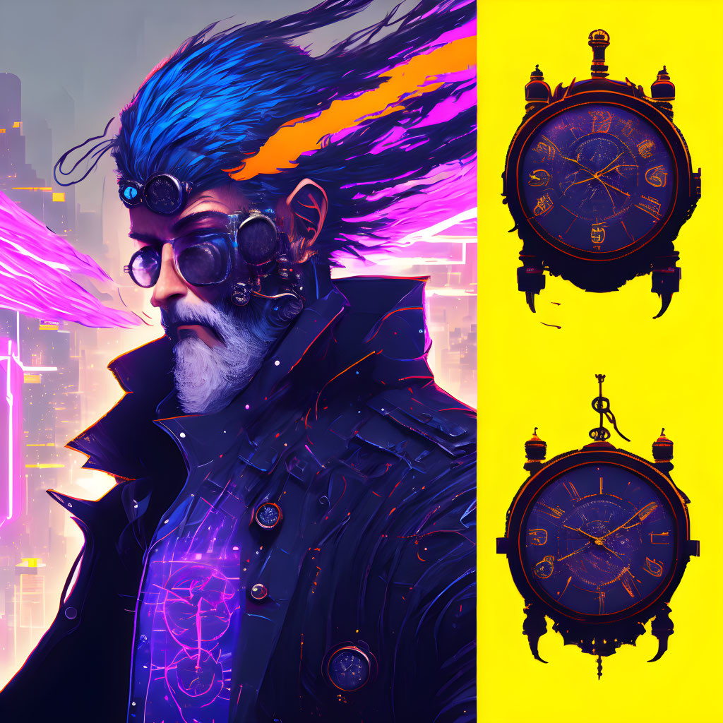 Colorful artwork of man with blue hair and steampunk goggles, surrounded by mystical pocket watches in