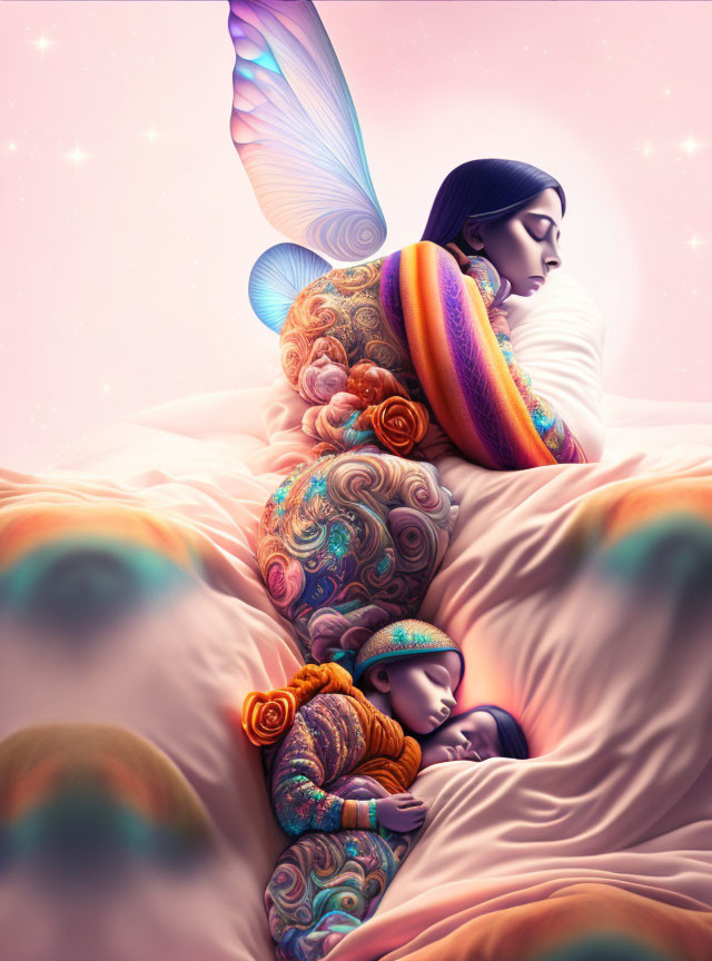 Illustration of winged character with sleeping figures in dreamlike setting