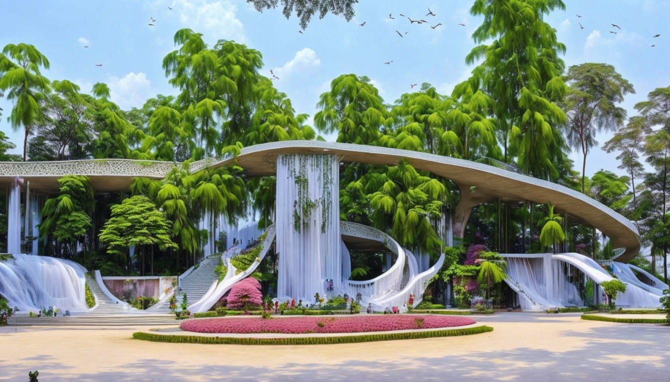 Contemporary curved building with cascading waterfalls in lush greenery under blue sky