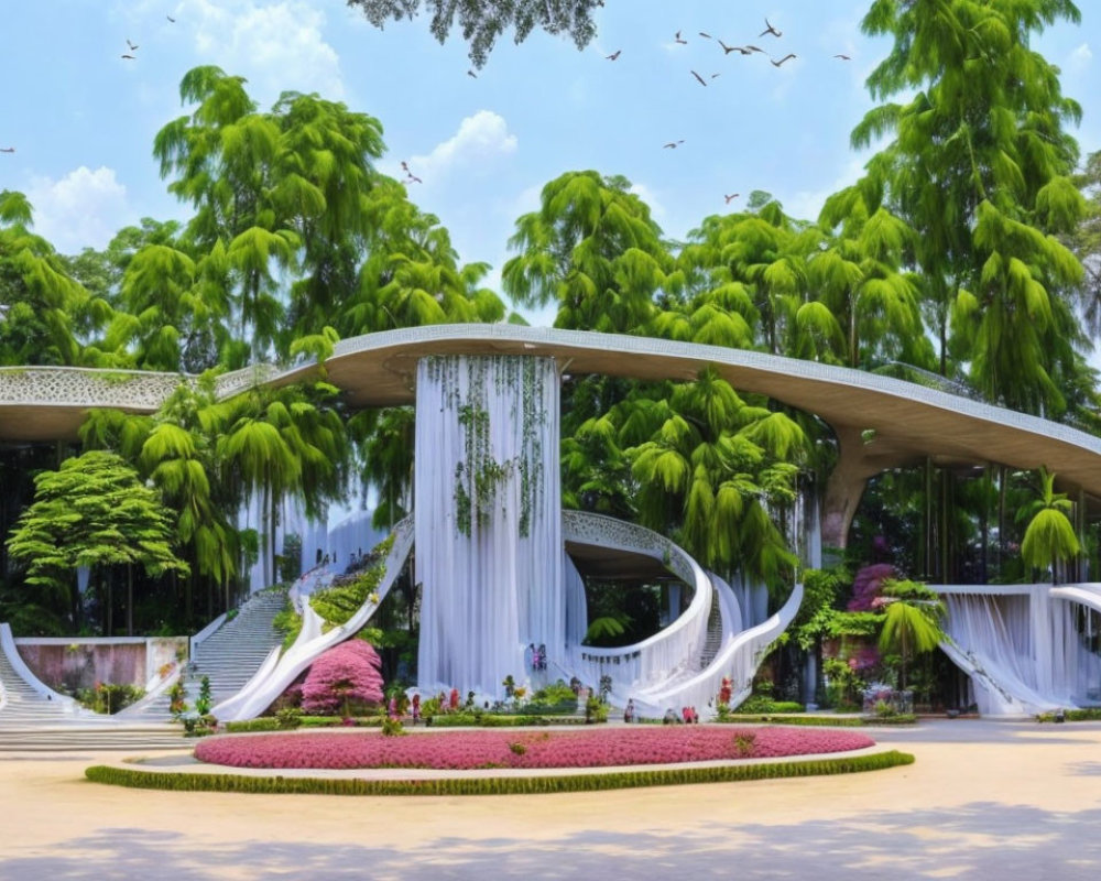 Contemporary curved building with cascading waterfalls in lush greenery under blue sky