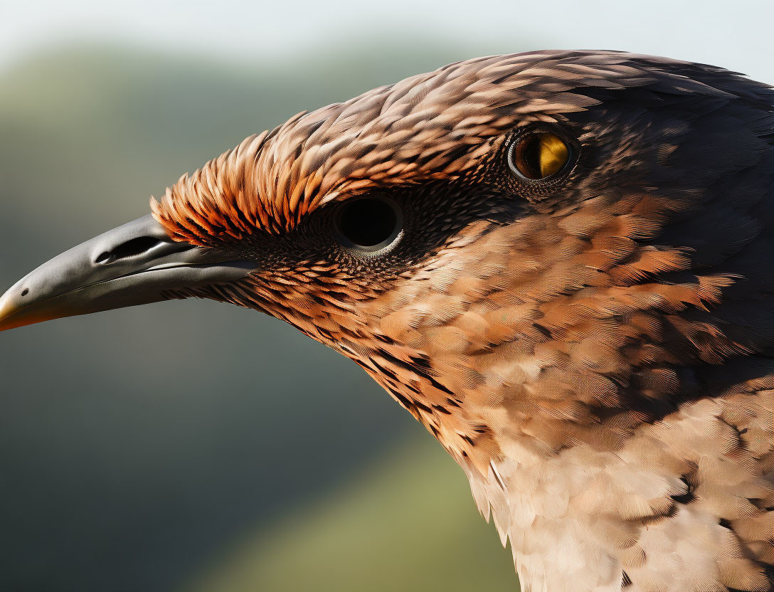 Detailed close-up of bird of prey with sharp beak and intense yellow eyes.