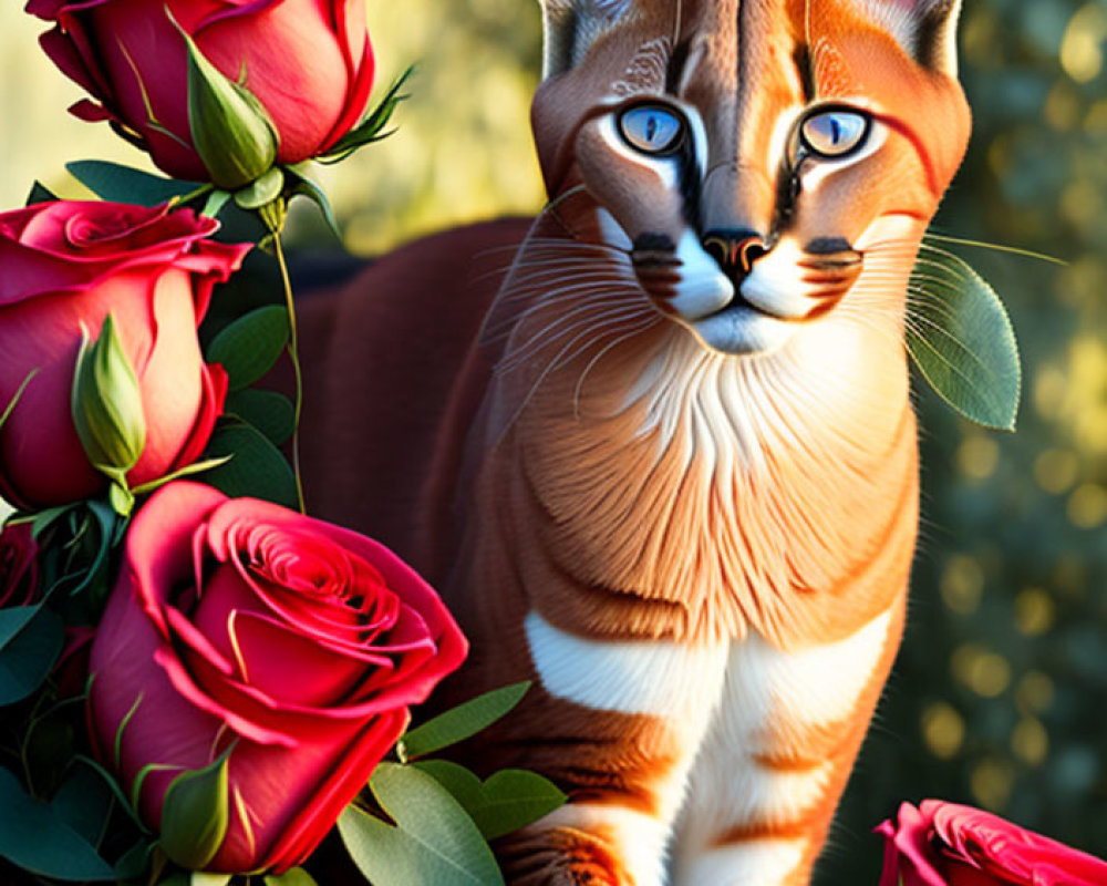 Digital Art: Caracal Cat with Blue Eyes and Red Roses