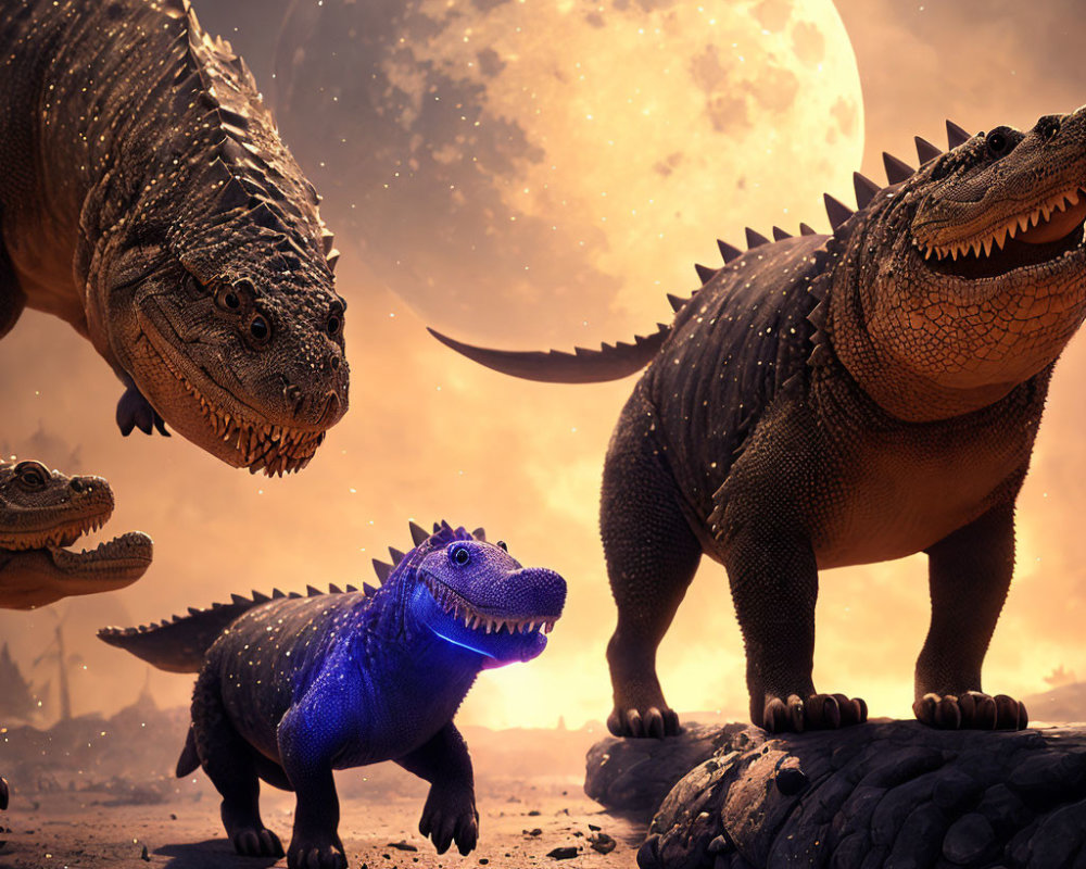 Realistic dinosaurs under large moon in prehistoric landscape