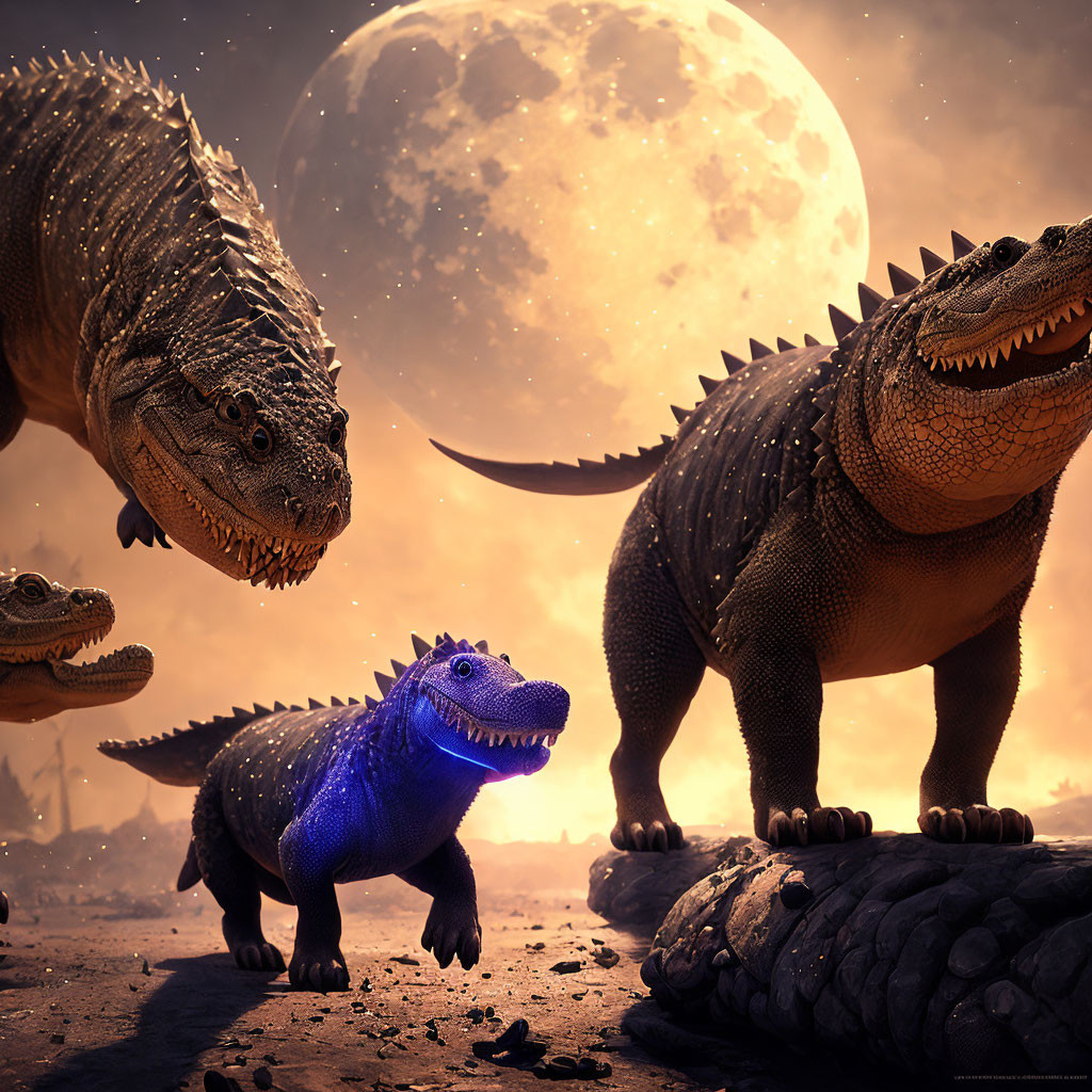 Realistic dinosaurs under large moon in prehistoric landscape