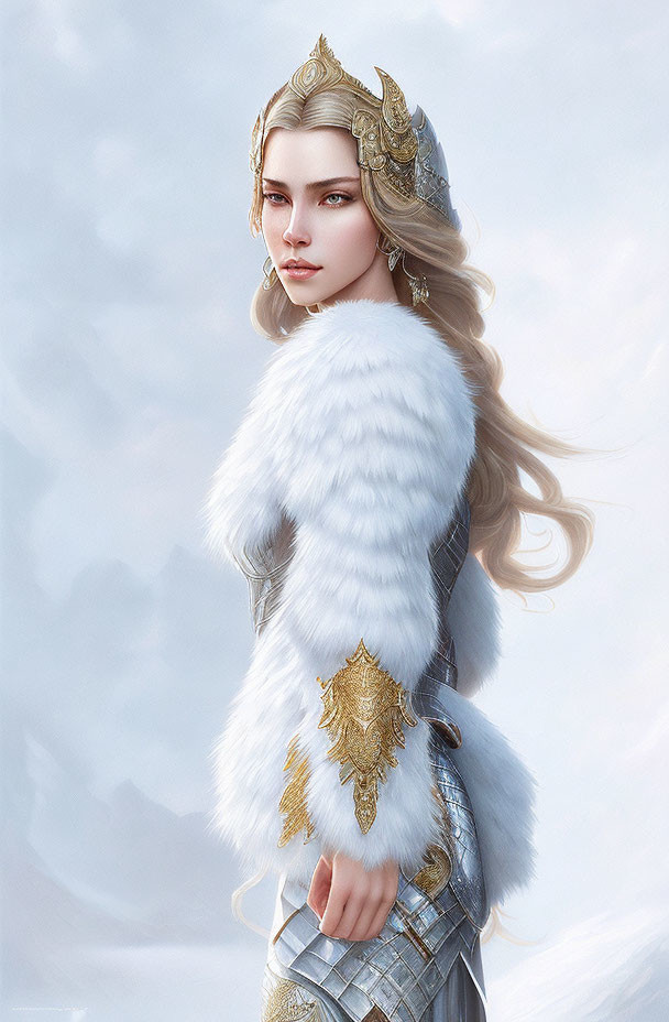 Blonde female figure in white fur cloak & gold-trimmed armor