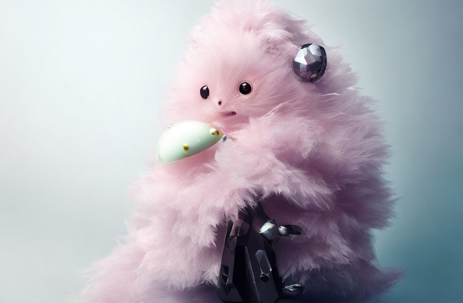 Fluffy Pink Toy with Black Eyes and White Accessory