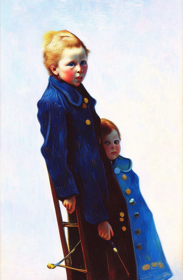 Victorian-style painting of two children in blue coats with gold buttons