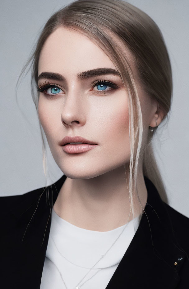 Blonde woman with blue eyes in white top and black jacket