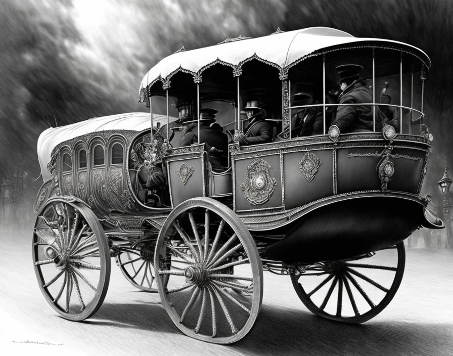 Vintage black-and-white image of ornate horse-drawn carriage on cobblestone street