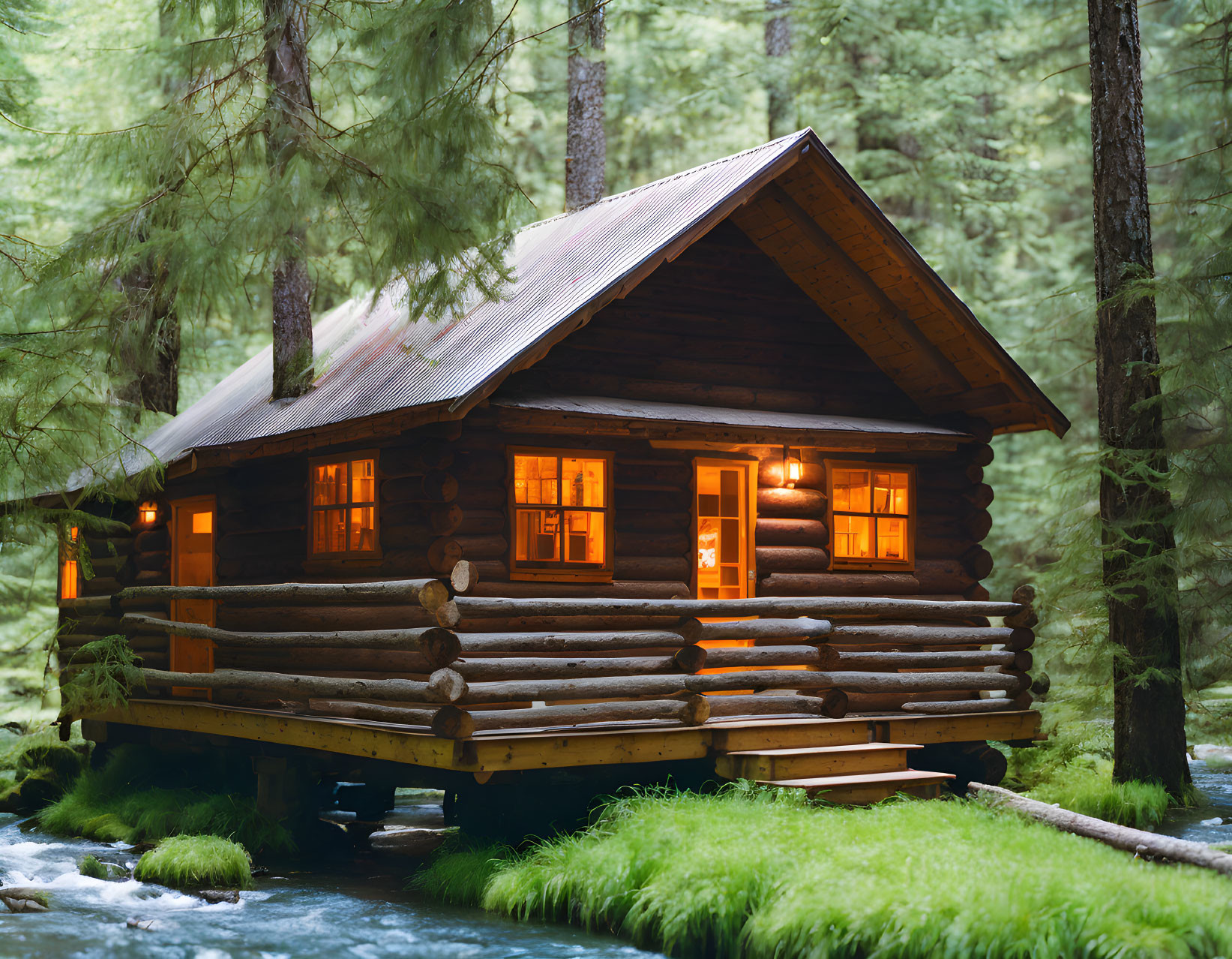 Rustic log cabin surrounded by trees and stream in forest