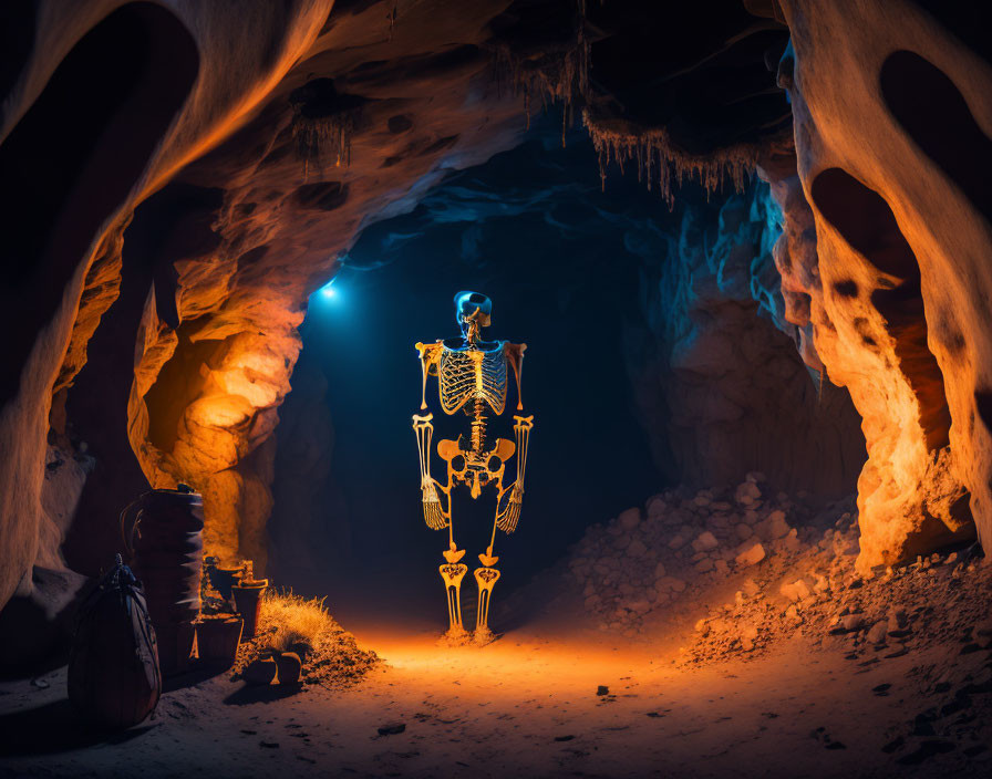 Glowing skeleton in cave with stalactites and backpack in eerie orange light