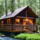 Rustic log cabin surrounded by trees and stream in forest