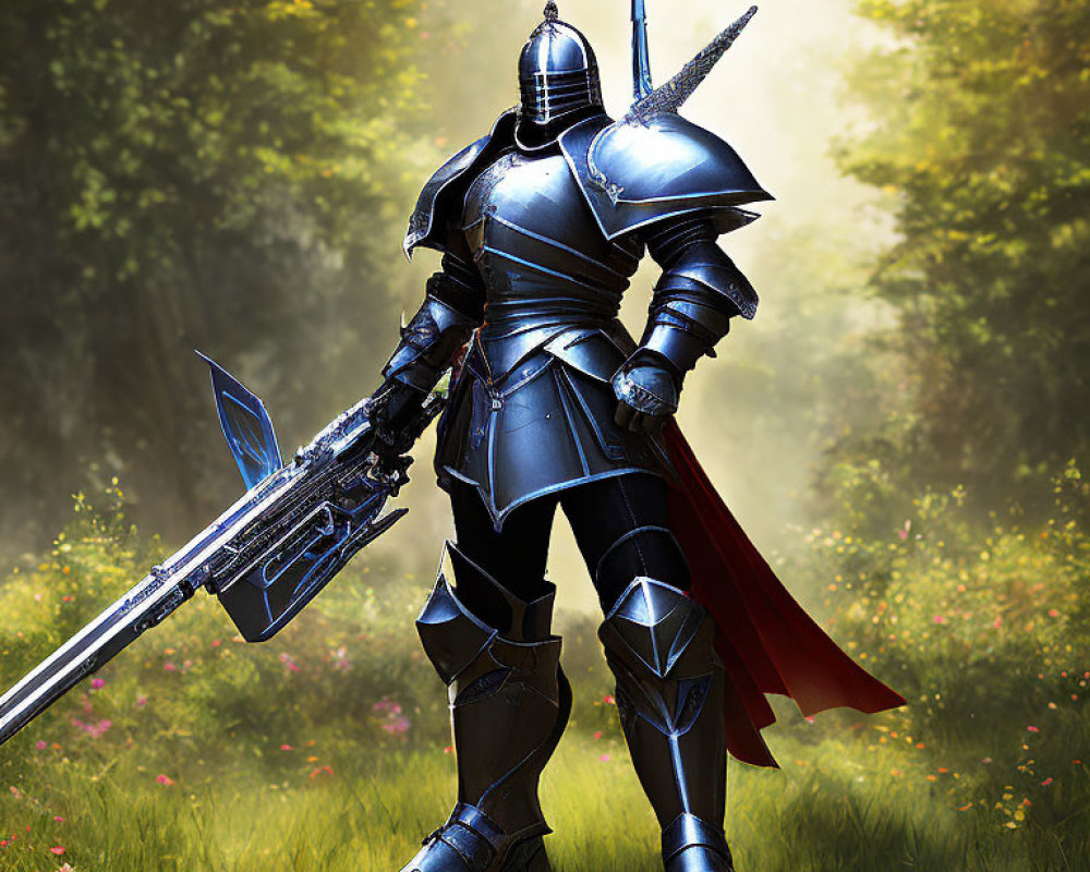 Knight in shining armor with lance and gun in forest clearing