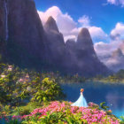 Woman in blue dress by lake with lush greenery, tropical flowers, misty mountains