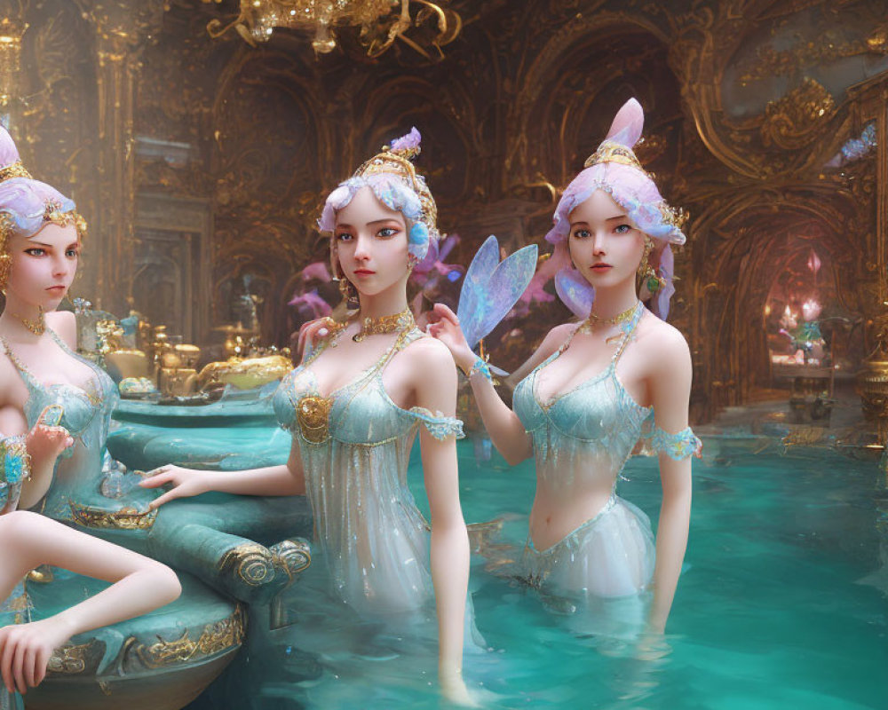 Ethereal figures with elfin features in aquatic attire by ornate pool