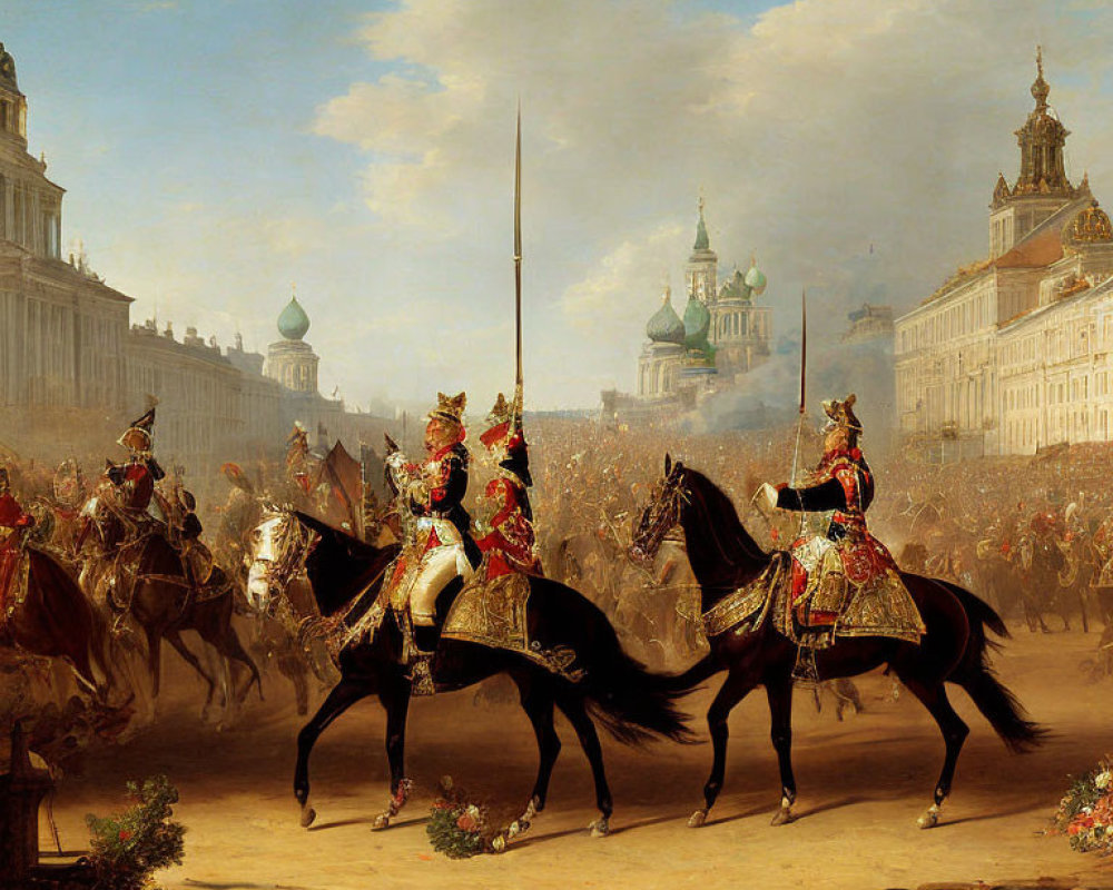 Historical painting of ceremonial horsemen in regal attire with ornate European cityscape