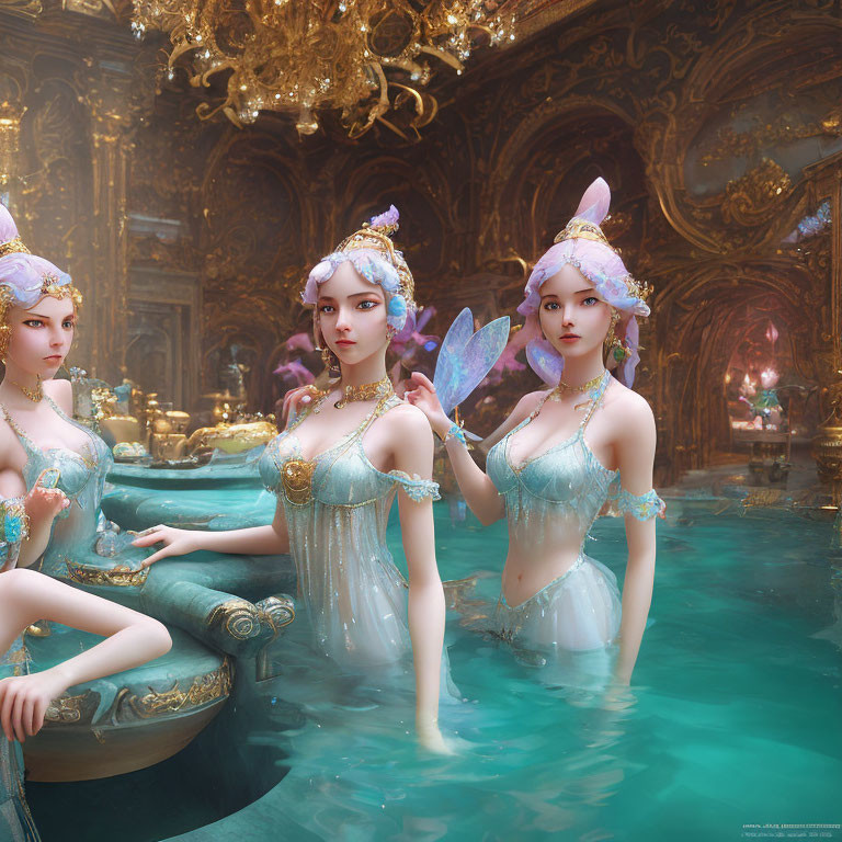 Ethereal figures with elfin features in aquatic attire by ornate pool