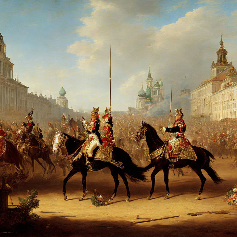 Historical painting of ceremonial horsemen in regal attire with ornate European cityscape