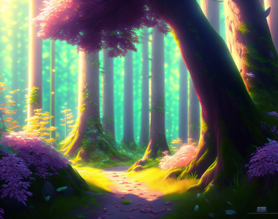 Sunlit forest path with moss and pink flowers